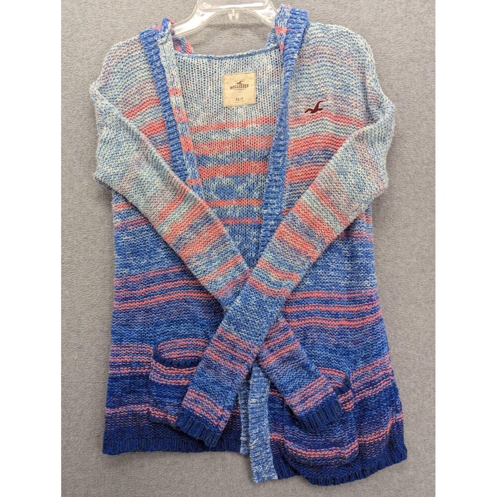 Hollister Cardigan Sweater Womens XS/S Blue Hooded Open Front Striped Knit